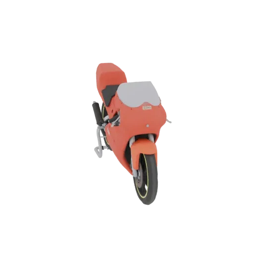 A 3D model of a bright orange sportbike motorcycle, viewed from a slightly elevated front-left angle, against a white backgro