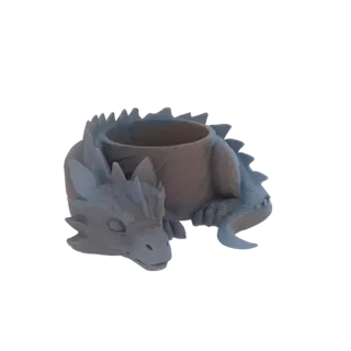 A 3D model render of a grey dragon curled around a planter, with its head resting near the planter's edge.