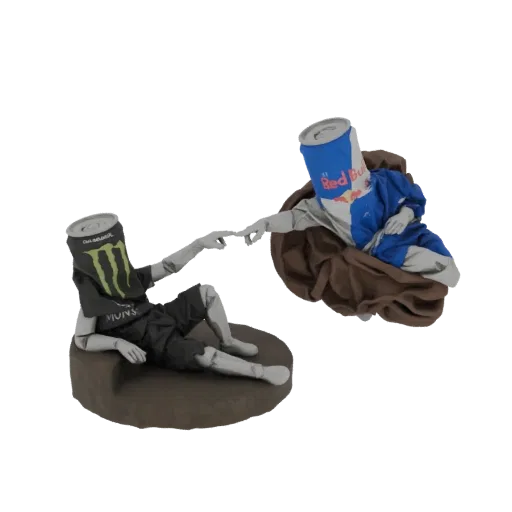 3D модель пародии на «Сотворение Адама» с банками Red Bull и Monster в качестве фигур, касающихся пальцами.
