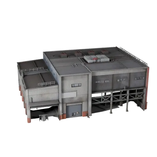 Стилизованная 3D модель сталелитейного завода, изометрический вид стилизованной игровой среды, показывающий материалы промышл