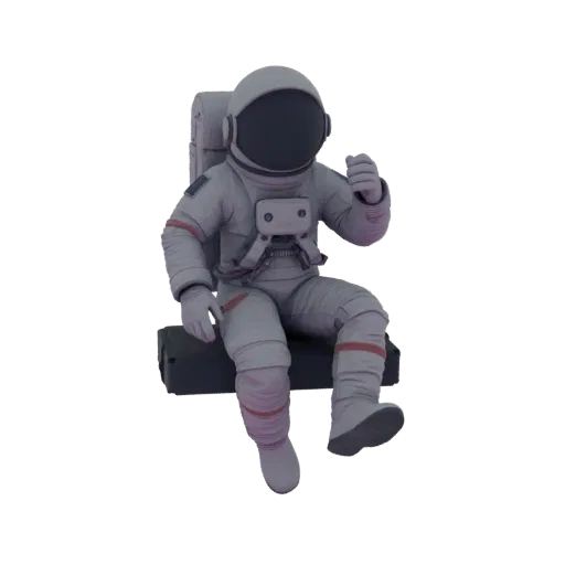 3D модель астронавта в белом скафандре и шлеме, сидящего с поднятой рукой.