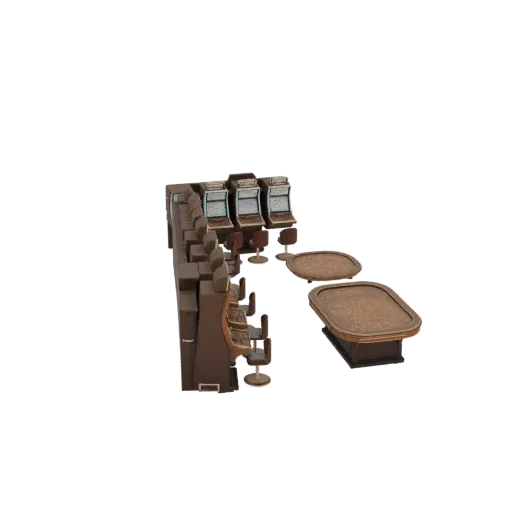 3D модель сцены казино с несколькими игровыми автоматами и двумя игровыми столами, отрисованная на белом фоне.
