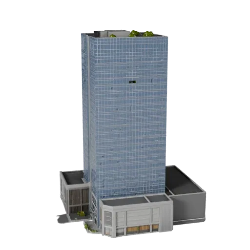 Стеклянный небоскреб, реалистичная 3D модель, вид с трех четвертей снаружи, показывающий материалы коммерческого офисного зда