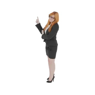 3D-модель бизнес-леди в черном костюме, улыбающейся и указывающей вверх указательным пальцем, на белом фоне.