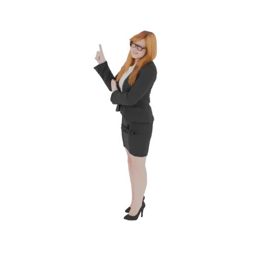 3D-модель бизнес-леди в черном костюме, улыбающейся и указывающей вверх указательным пальцем, на белом фоне.
