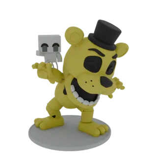 3D модель Золотого Фредди из Five Nights at Freddy's с маленькой теневой фигуркой на руке, стоящая на круглой подставке.