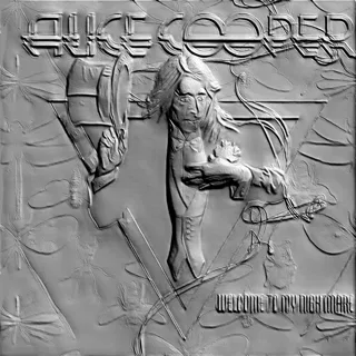 3D модель барельефа Алисы Купера в стиле арт-нуво, с изображением музыканта, насекомых и текста "Welcome to My Nightmare"