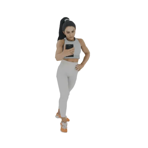 3D модель женщины в спортивной одежде, делающей селфи на смартфон, с рукой на бедре.
