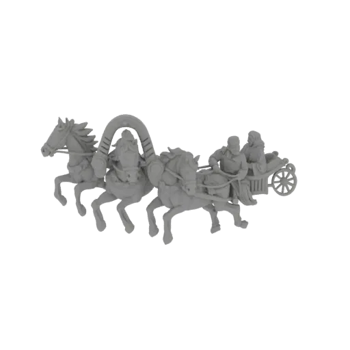 3D модель серой монохромной конной повозки с двумя лошадьми и двумя фигурами внутри на черном фоне.