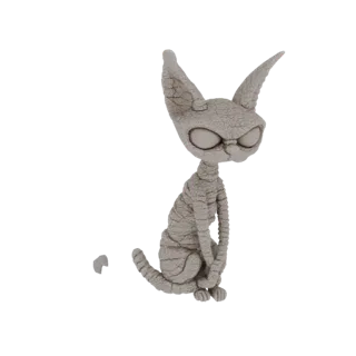 A 3D render of a stylized cat figurine with a mummy-like body texture resembling cracked stone, sitting with large eyes.