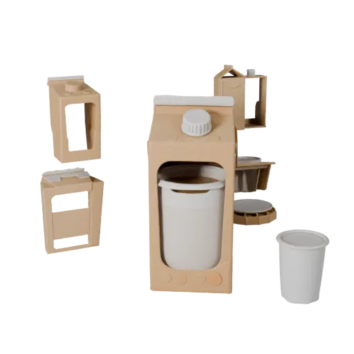 Печатаемая STL 3D модель молочного пакета для снеков, изометрический STL-рендер, показывающий картон, массу упаковки.
