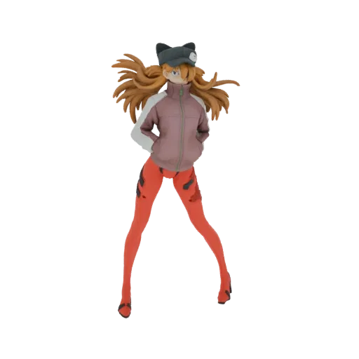 3D модель Аски Лэнгли Сорью из Neon Genesis Evangelion в розовой куртке, красном плагсьюте и шапке-кошке, в уверенной позе.