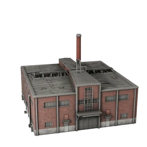 Печатная 3D модель водоочистной станции STL, вид в изометрии, показывающий промышленные строительные материалы и архитектурны