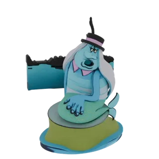 3D model of a whimsical blue merman wearing a black top hat, sitting on a green and blue base with a black background.