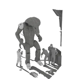 Рендер 3D модели гигантского серого инопланетного существа, стоящего над несколькими меньшими человеческими фигурами в драмат