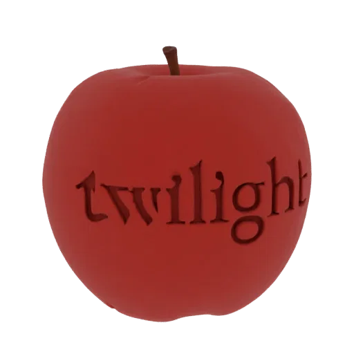 3D модель красного яблока с вырезанным логотипом 'Twilight' на поверхности на белом фоне.
