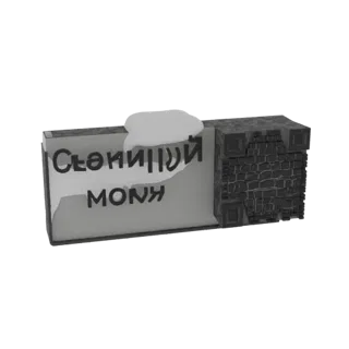 3D-рендер участка замковой стены, покрытого снегом, с видимым кириллическим текстом на поверхности и зубчатым парапетом.