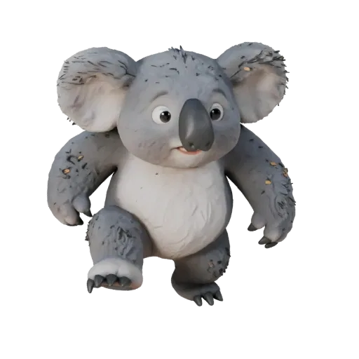 Мультяшная 3D-модель коалы, вид сбоку, стилизованный ассет животного с объемом плеч, детализацией меха, плантарными лапами и
