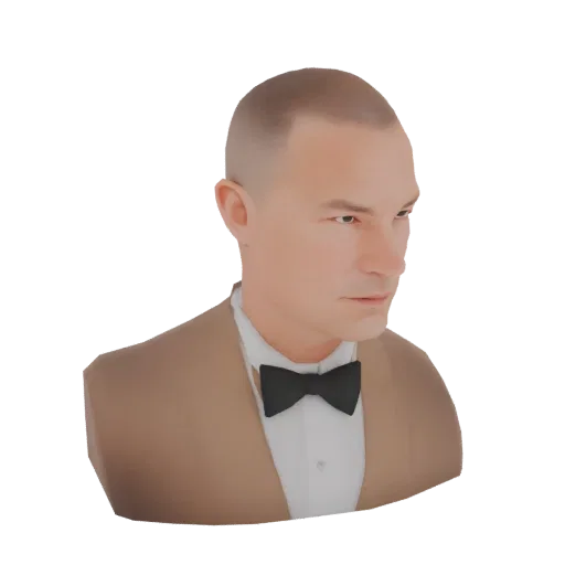 3D рендер бюста мужчины в смокинге и черном галстуке-бабочке, вид сбоку.