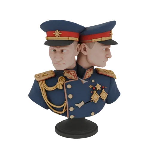 3D модель двуликого бюста в синем генеральском мундире с золотыми эполетами и орденами, две головы смотрят в разные стороны.