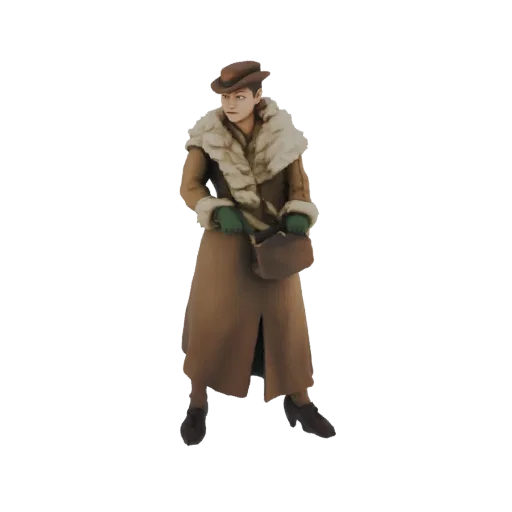 3D модель женщины в коричневом пальто с меховой отделкой 1920-х, с соответствующей шляпой и сумочкой, элегантно позирует.