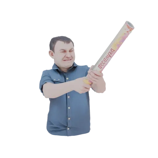 3D модель мужчины в синей рубашке, с закрытыми глазами, дергает за шнурок красочной хлопушки.