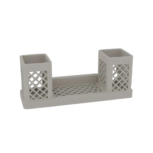 3D модель современного настольного органайзера с двумя квадратными отделениями с решеткой на перфорированном основании.