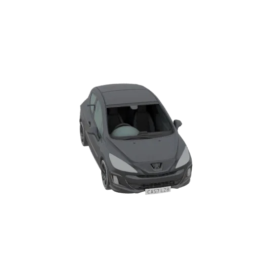 3D модель темно-серого Peugeot 308 хэтчбек, вид спереди слева под небольшим углом.