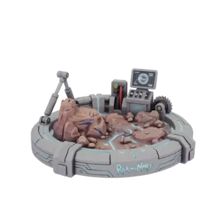 3D модель диорамы лаборатории Рика и Морти с каменистым ландшафтом, панелями управления и светящимися синими огнями.