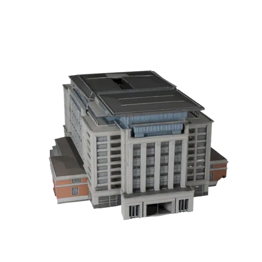 Реалистичная 3D модель здания музея, вид с трех четвертей снаружи, демонстрирующий материалы общедоступного здания и архитект