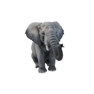3D модель величественного серого слона, сидящего, с слегка приподнятым хоботом и широко расставленными ушами.