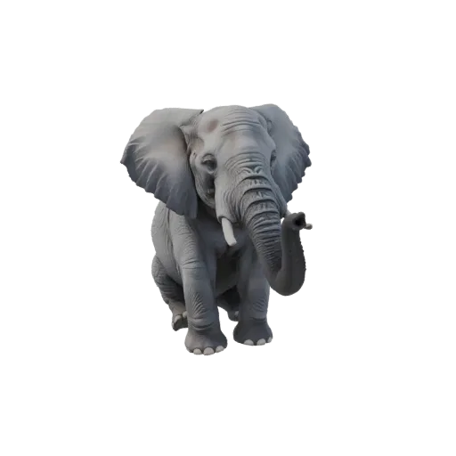 3D модель величественного серого слона, сидящего, с слегка приподнятым хоботом и широко расставленными ушами.