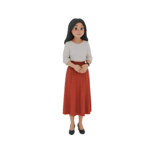 3D модель женщины с темными волосами, в белом лонгсливе и красной юбке А-силуэта, стоящей со сложенными руками.