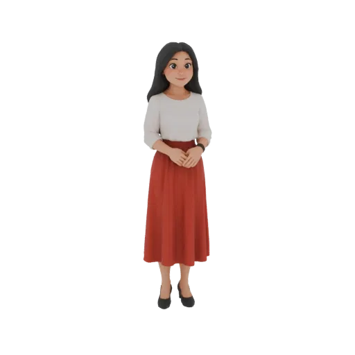 3D модель женщины с темными волосами, в белом лонгсливе и красной юбке А-силуэта, стоящей со сложенными руками.