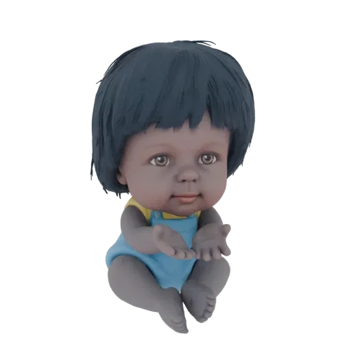 3D модель милой куклы-младенца с темными волосами, в желтой футболке и синем комбинезоне, с открытыми руками.