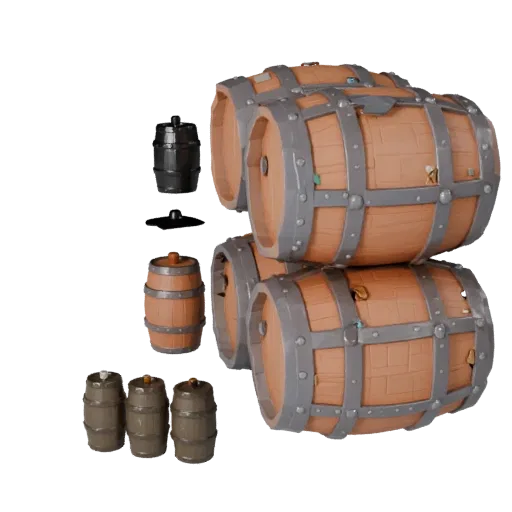 Низкополигональная 3D-модель бочки с патиной, вид в игровом окне в три четверти, показывающий деревянные доски, штабелируемую