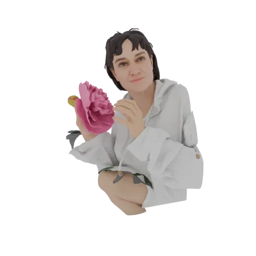 3D модель молодой женщины с короткими темными волосами в белой толстовке, держащей большой розовый пион.