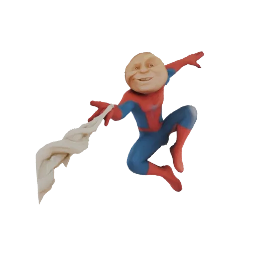 3D модель Шалтая-Болтая в костюме Человека-паука, в динамичной позе с нитью паутины.