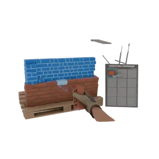 3D модель сцены VR симулятора строительства, показывающая руку, укладывающую кирпич на стену, с инструментами и панелью инвен