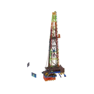 3D модель высокой, разноцветной вышки нефтяной платформы с замысловатыми решетчатыми конструкциями и платформами на белом фон
