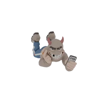 3D модель мультяшного дьявола с красными рогами, курящего сигарету и держащего смартфон с надписью 'FTP' на экране, лежащего.