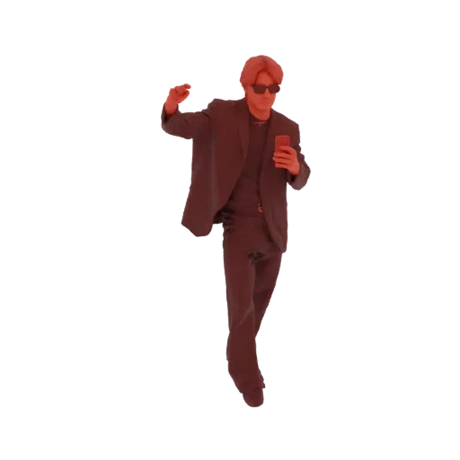 3D модель мужчины в темном костюме и солнцезащитных очках, держащего смартфон и делающего селфи.