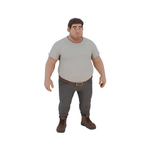 3D модель мужчины с животом, одетого в серую футболку, темно-серые брюки и коричневые ботинки, стоящего на белом фоне.