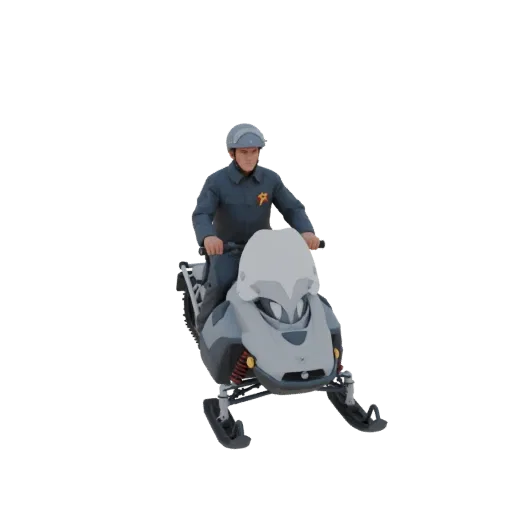 3D модель советского снегохода Буран с водителем в шлеме, вид спереди и сбоку