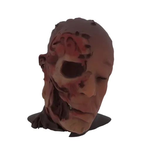 3D модель гниющей головы зомби с обнаженным черепом, показывающая жуткие текстуры и ужасающий вид.