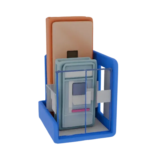 3D модель настольного органайзера для канцелярских принадлежностей в синем цвете, с отделениями для ручек и карандашей.