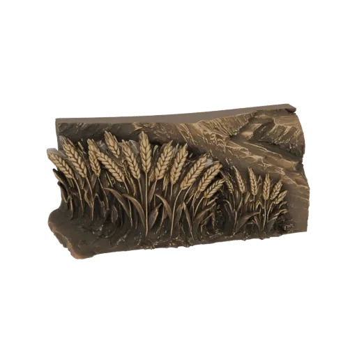 3D модель рельефа с детализированным пшеничным полем, колосьями и листьями, в текстуре, имитирующей бронзу.