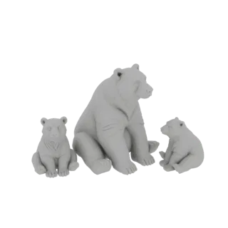 3D-рендер семьи медведей, где большой взрослый медведь сидит между двумя медвежатами поменьше, все в нейтральном сером матери