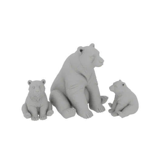 3D-рендер семьи медведей, где большой взрослый медведь сидит между двумя медвежатами поменьше, все в нейтральном сером матери