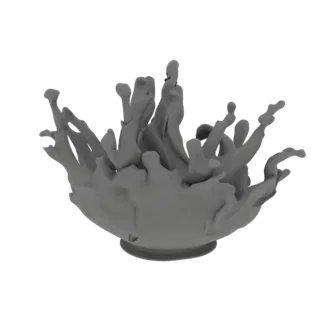 3D-модель динамичного всплеска жидкости, застывшая в воздухе со сложными усиками и каплями.
